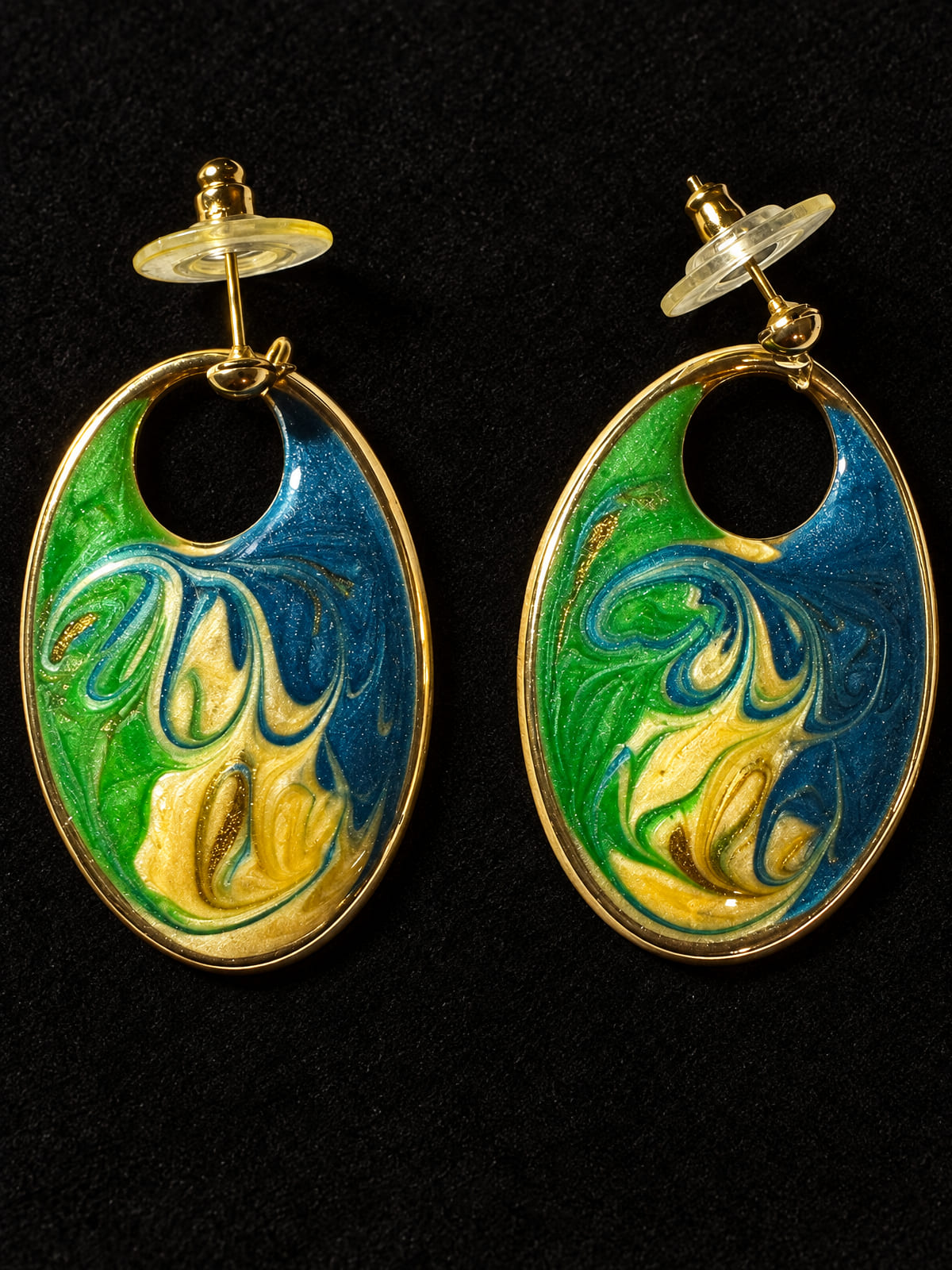 Oval Dangle Earrings · Swirled Enamel · Blue Green Gold-Tone Post