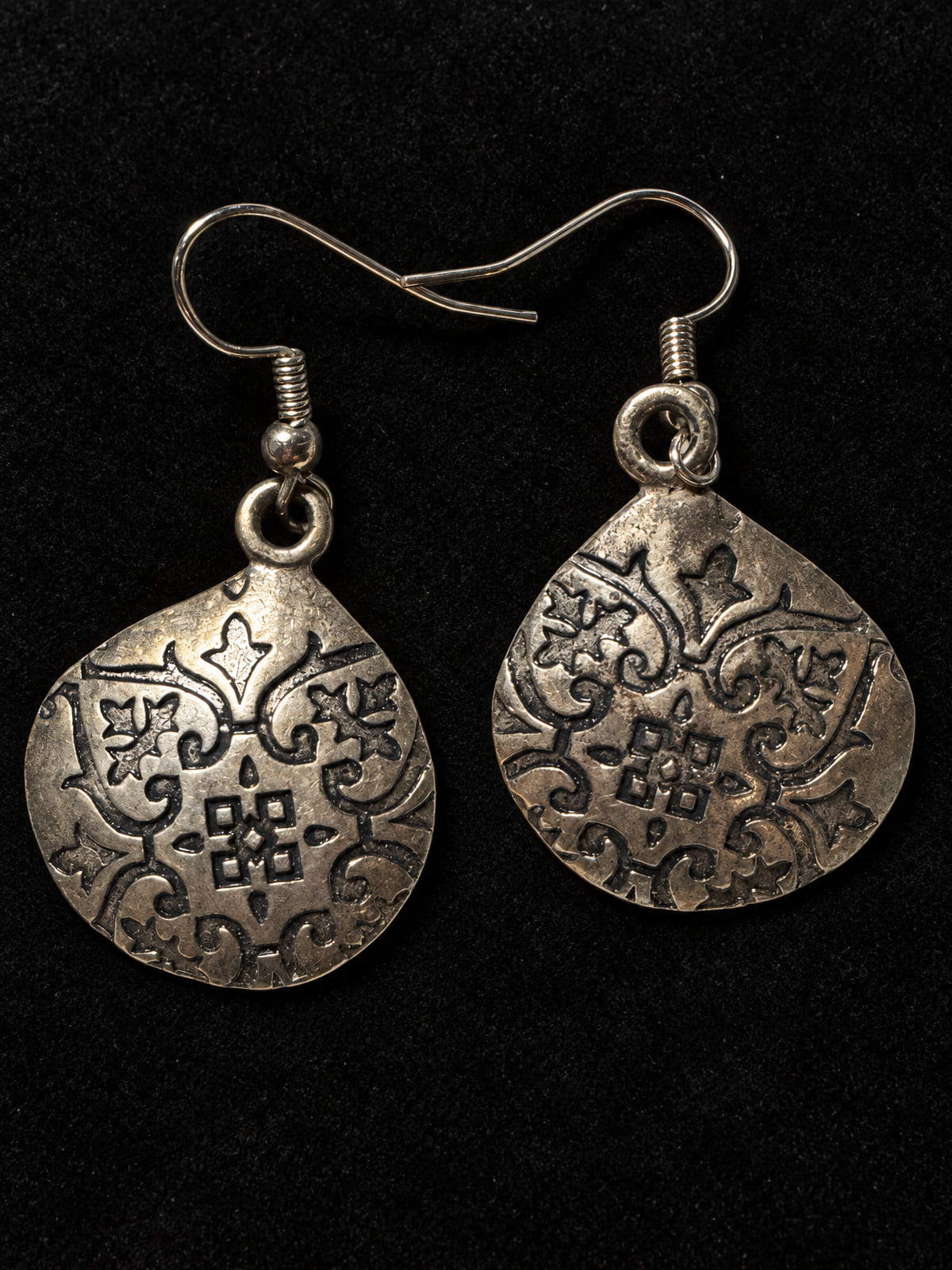 Silver-Tone Teardrop Dangles · Boho Etched · Fish-Hook Earrings
