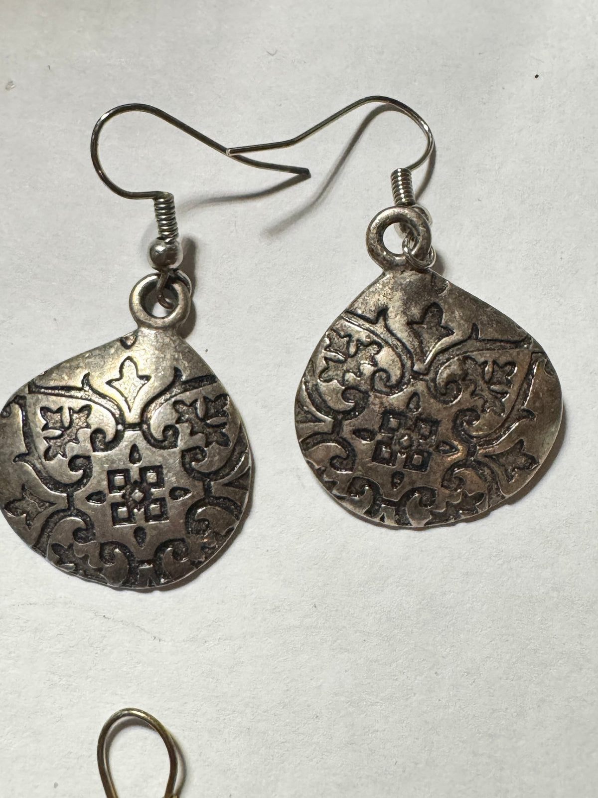 Silver-Tone Teardrop Dangles · Boho Etched · Fish-Hook Earrings — photo 2