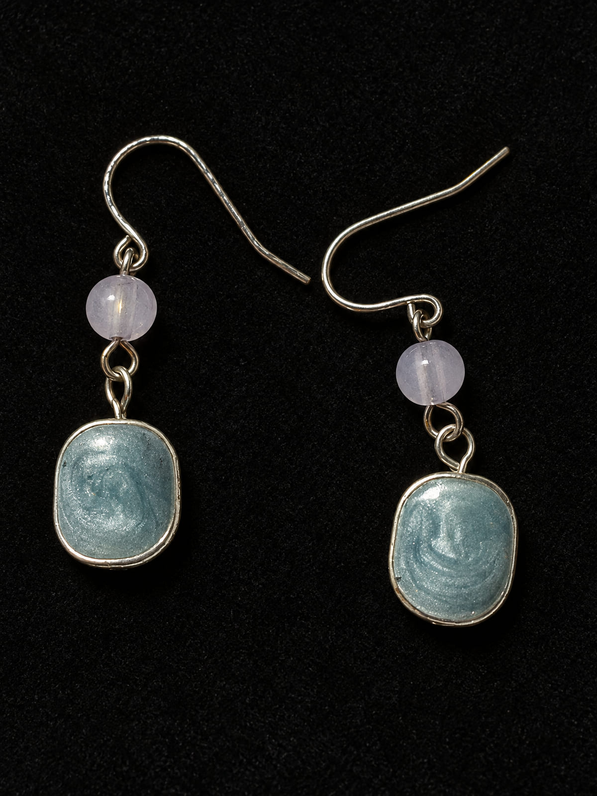 Dangle Earrings · Blue-Green Enamel & Lavender Bead · Silver-Tone