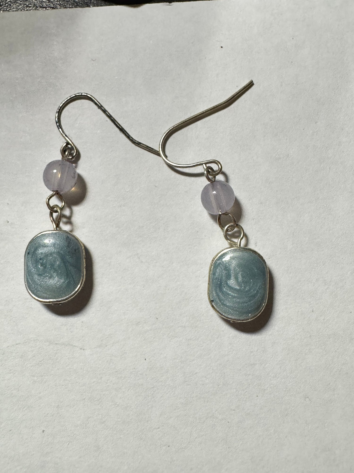 Dangle Earrings · Blue-Green Enamel & Lavender Bead · Silver-Tone — photo 2