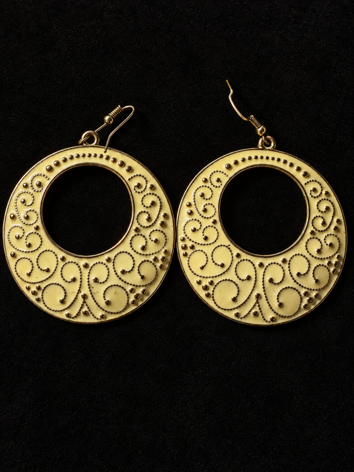 Lattice Hoop Earrings · Cream Enamel & Gold-Tone Scrollwork · Dangle