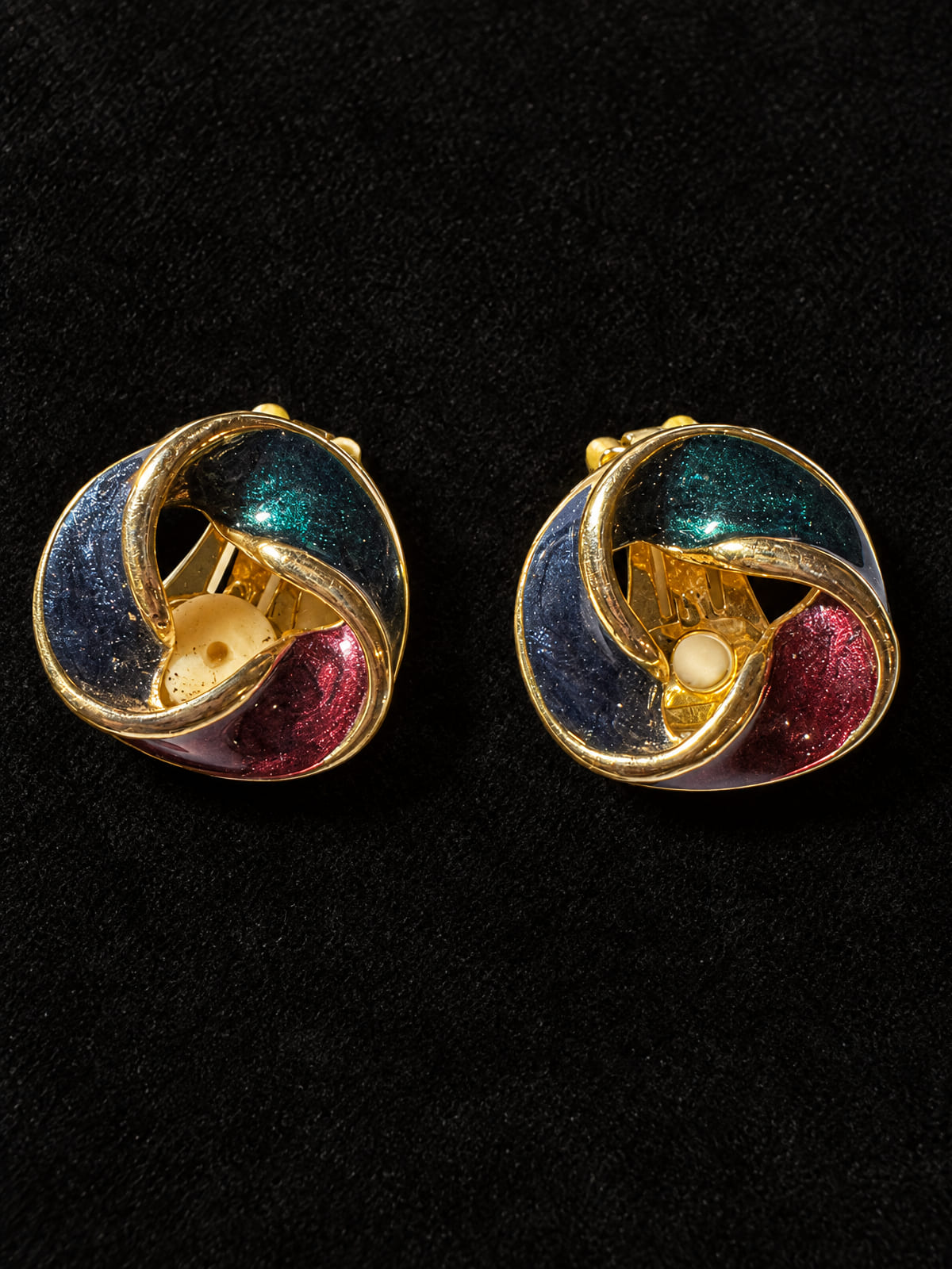 Clip-On Earrings · Enamel Knot · Teal Navy Burgundy Gold-Tone