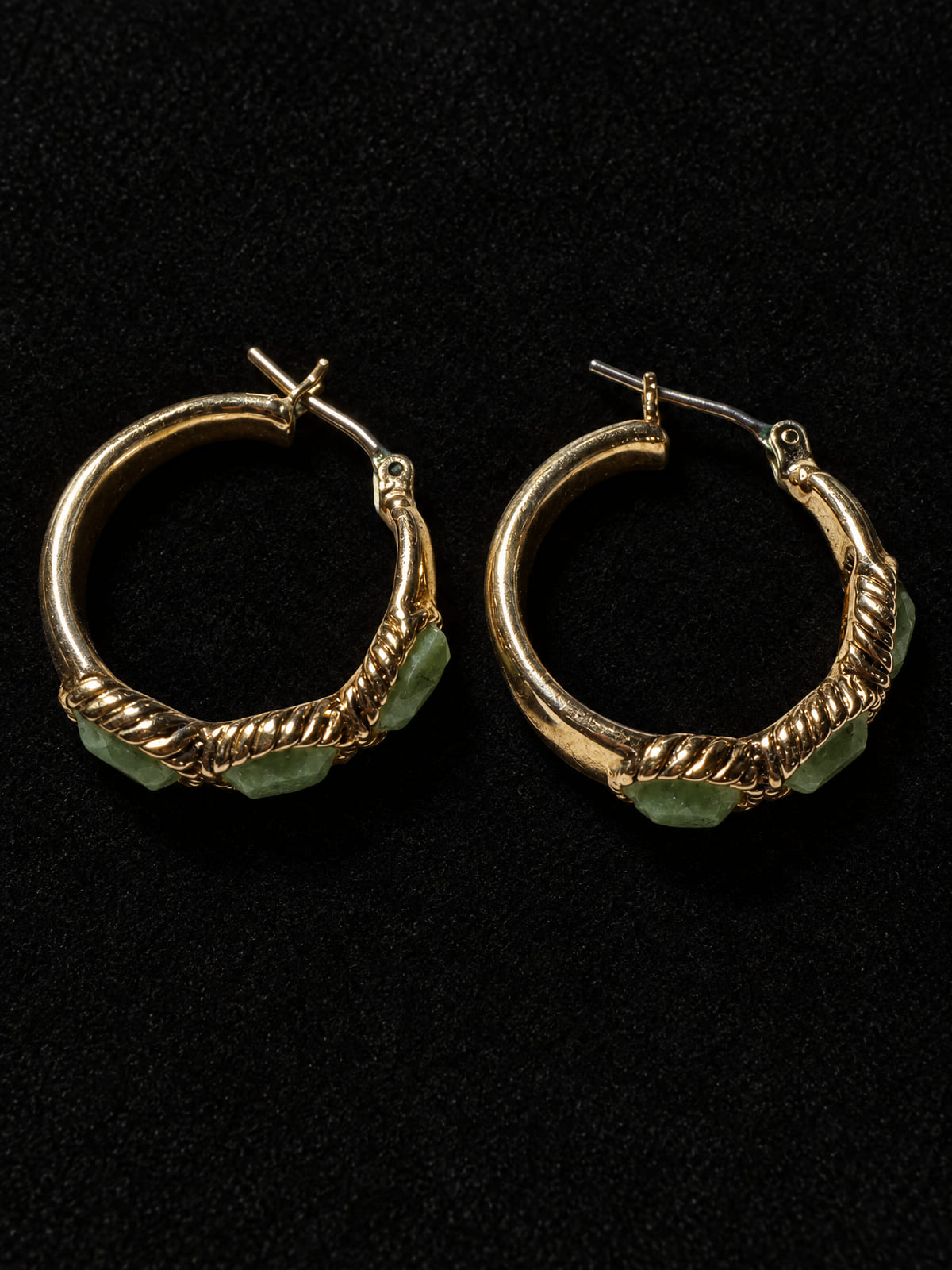 Hoop Earrings · Gold-Tone Rope Twist · Light Green Resin Beads