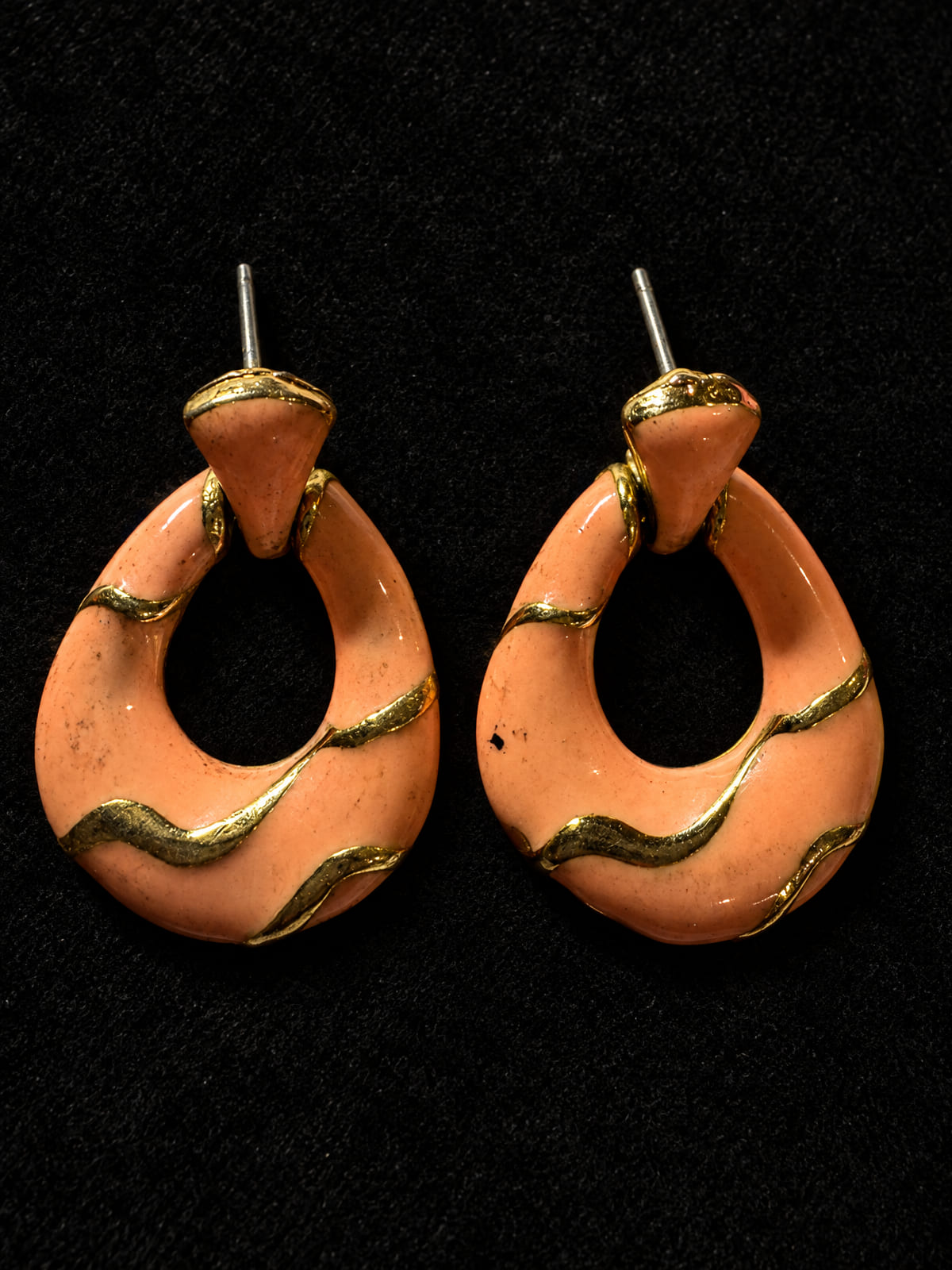 Peach Enamel Drop Earrings · Gold-Tone Wave Detail · Post