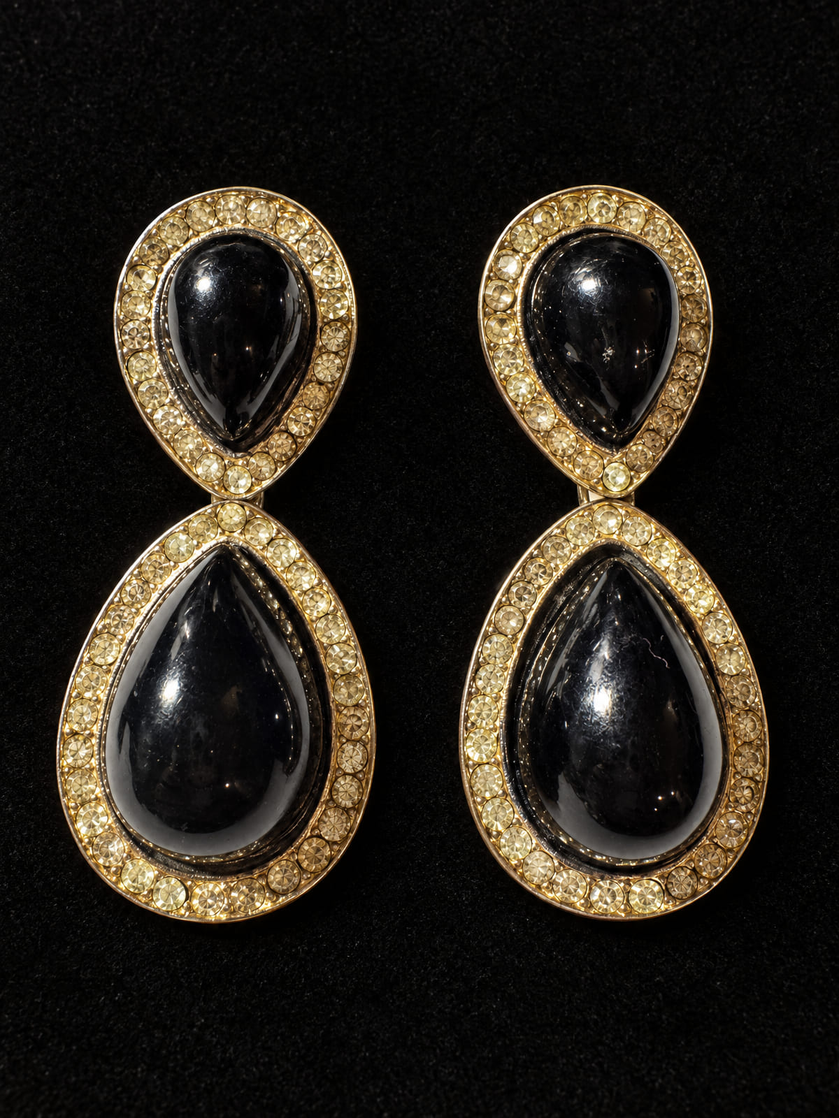 Double Drop Earrings · Statement · Black Enamel & Crystal-Look