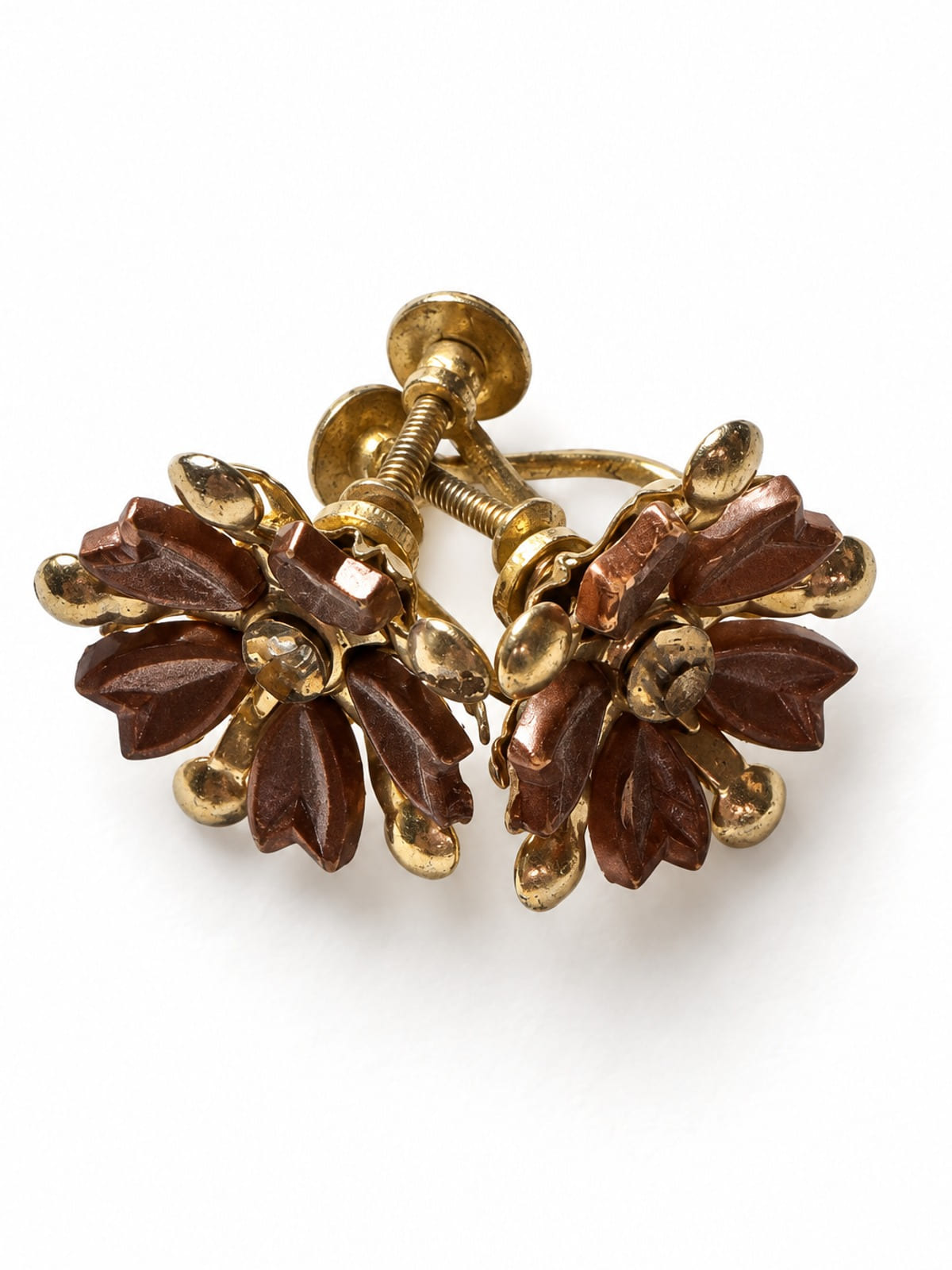 Floral Screw-Back Earrings · Retro-style · Gold-Tone Dark Red