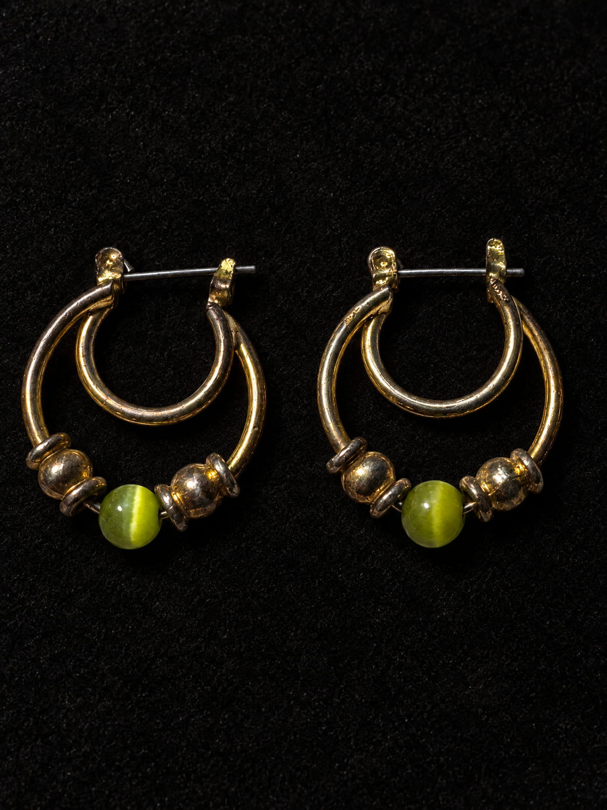 Double Hoop Earrings · Two-Tone · Green Cat's Eye Glass Beads