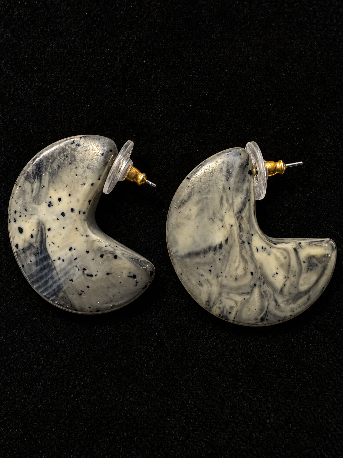Crescent Hoop Earrings · Marbled Resin · Cream Gray Black Post