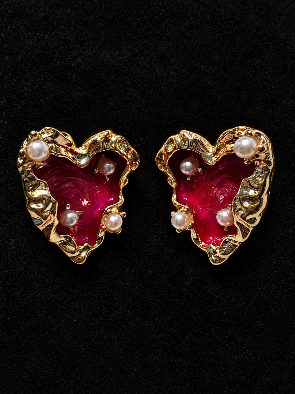 Heart Stud Earrings · Red Enamel & Faux Pearl · Gold-Tone