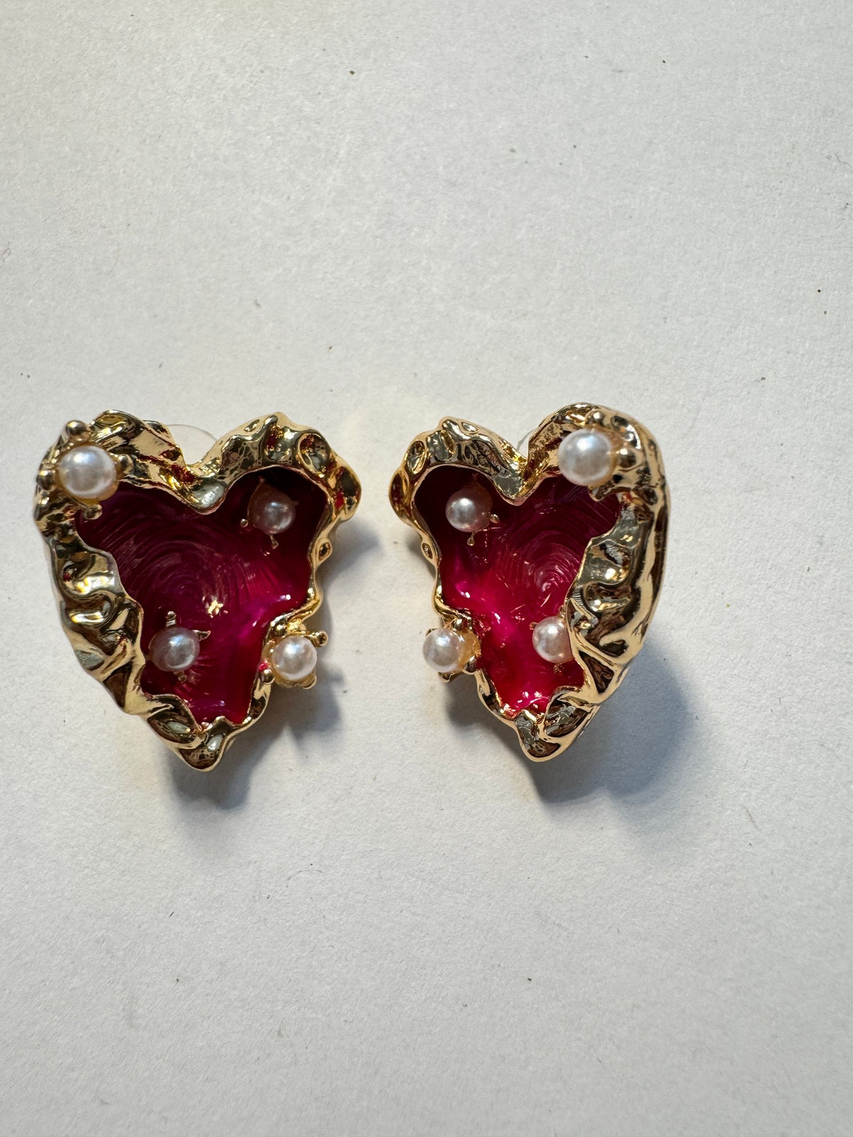 Heart Stud Earrings · Red Enamel & Faux Pearl · Gold-Tone — photo 2