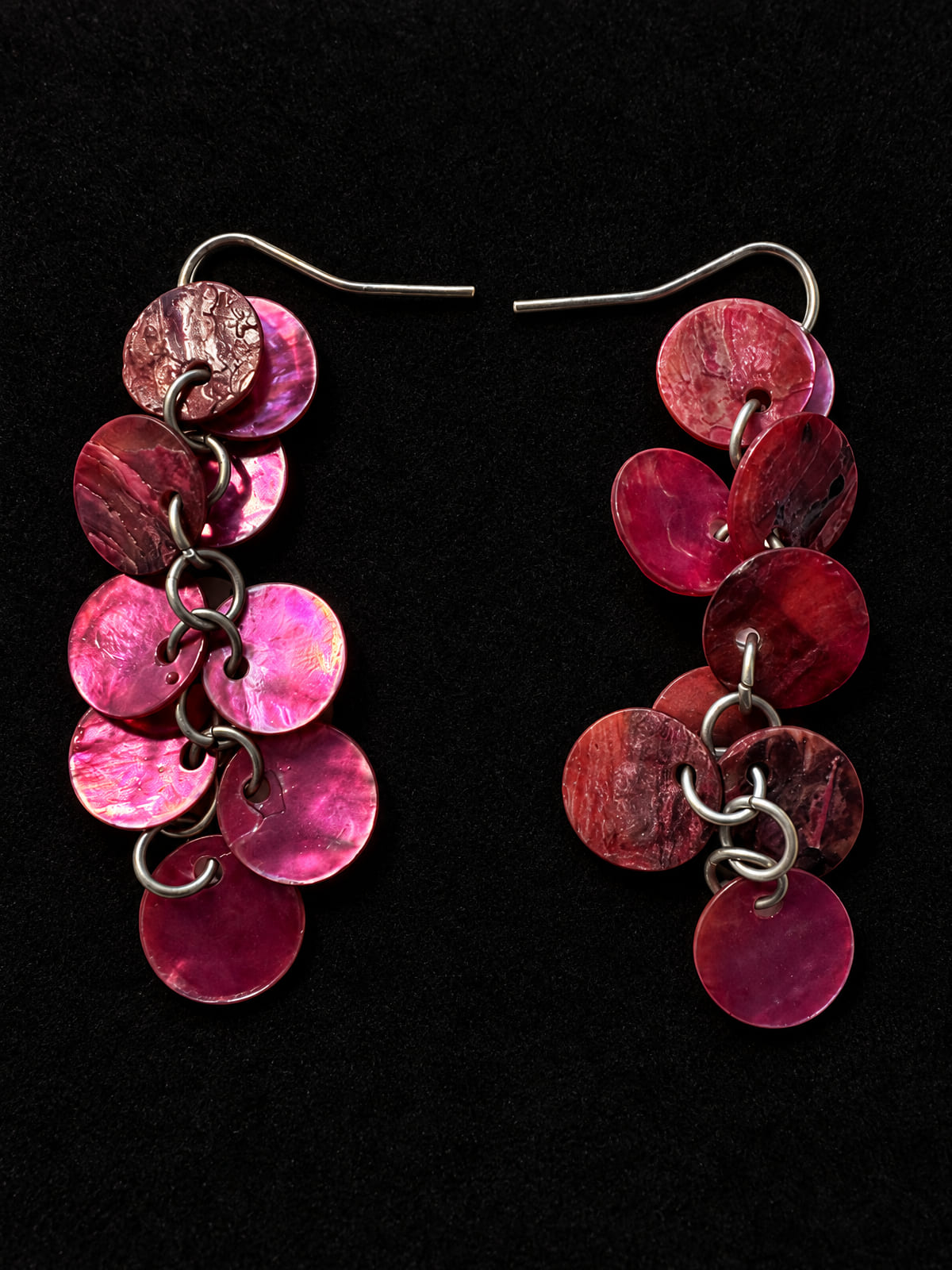 Disc Earrings · Cascading Cluster · Magenta Crimson Fish Hook