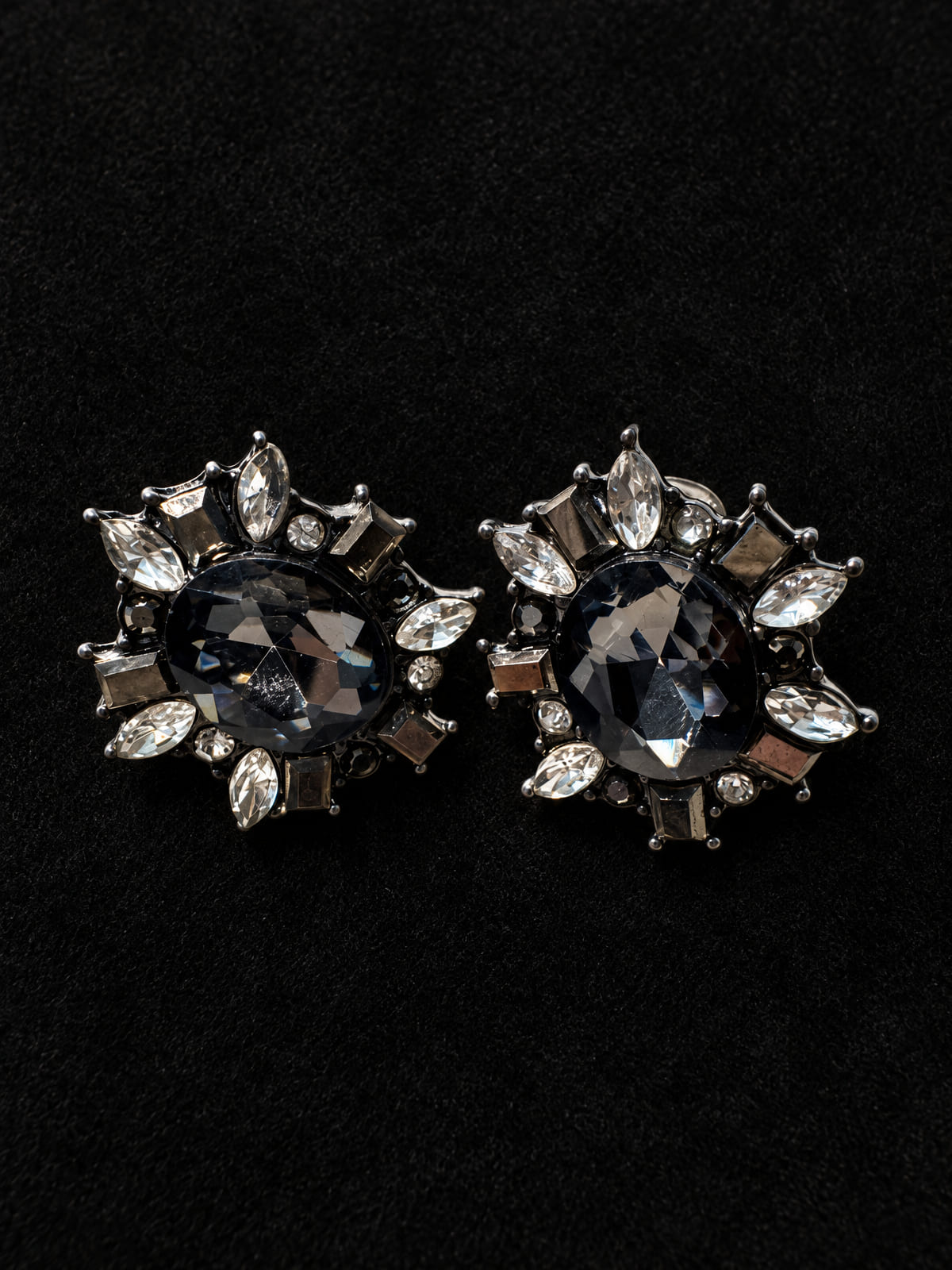 Clip-On Earrings · Statement Cocktail · Black Glass & Clear Rhinestone