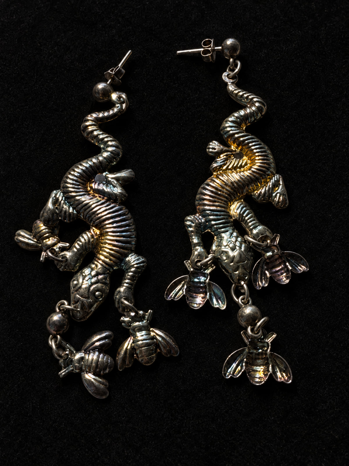 Figural Dragon Dangles · Silver-Tone + Gold-Tone Accent Post Earrings