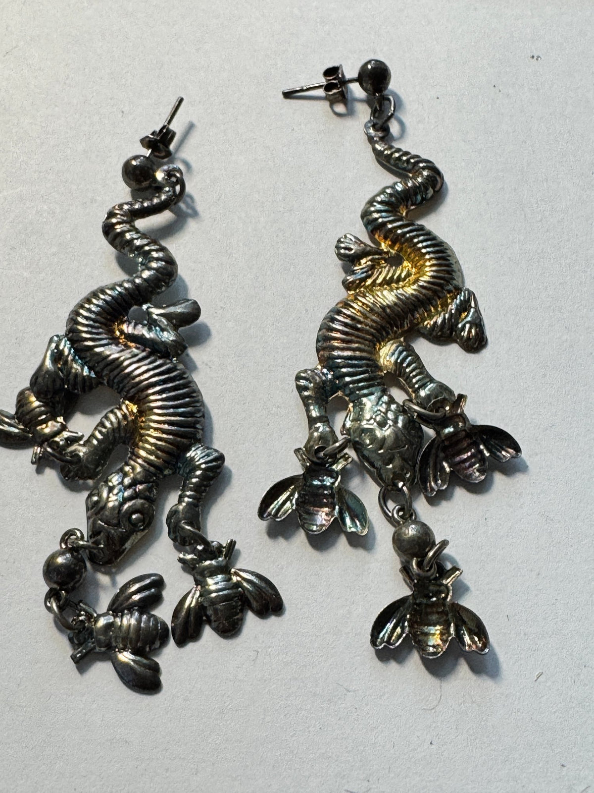 Figural Dragon Dangles · Silver-Tone + Gold-Tone Accent Post Earrings — photo 2