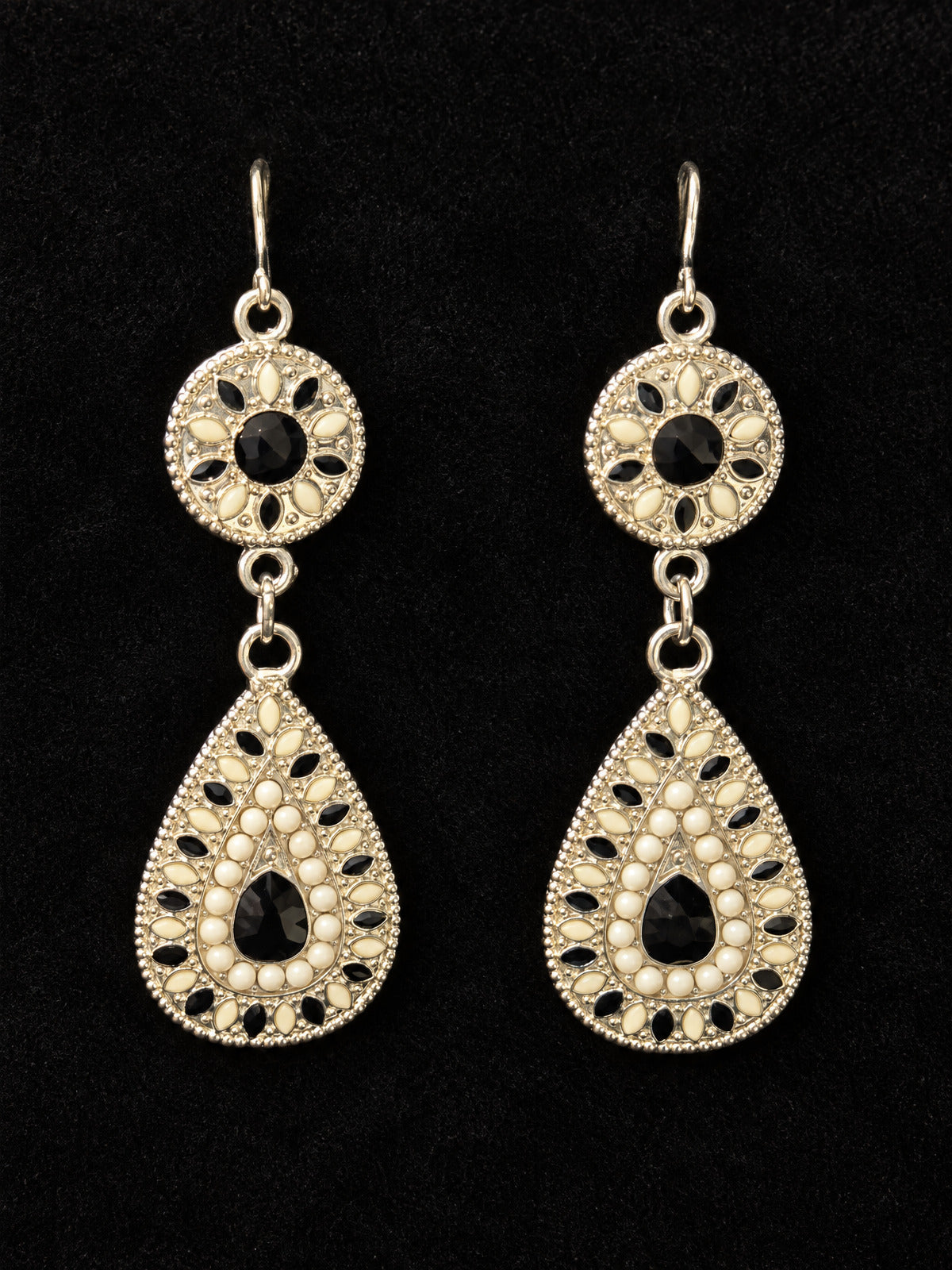 ⚜️ Dangle Earrings | Filigree Drop | Black Cream Silver-Tone Hook 💗