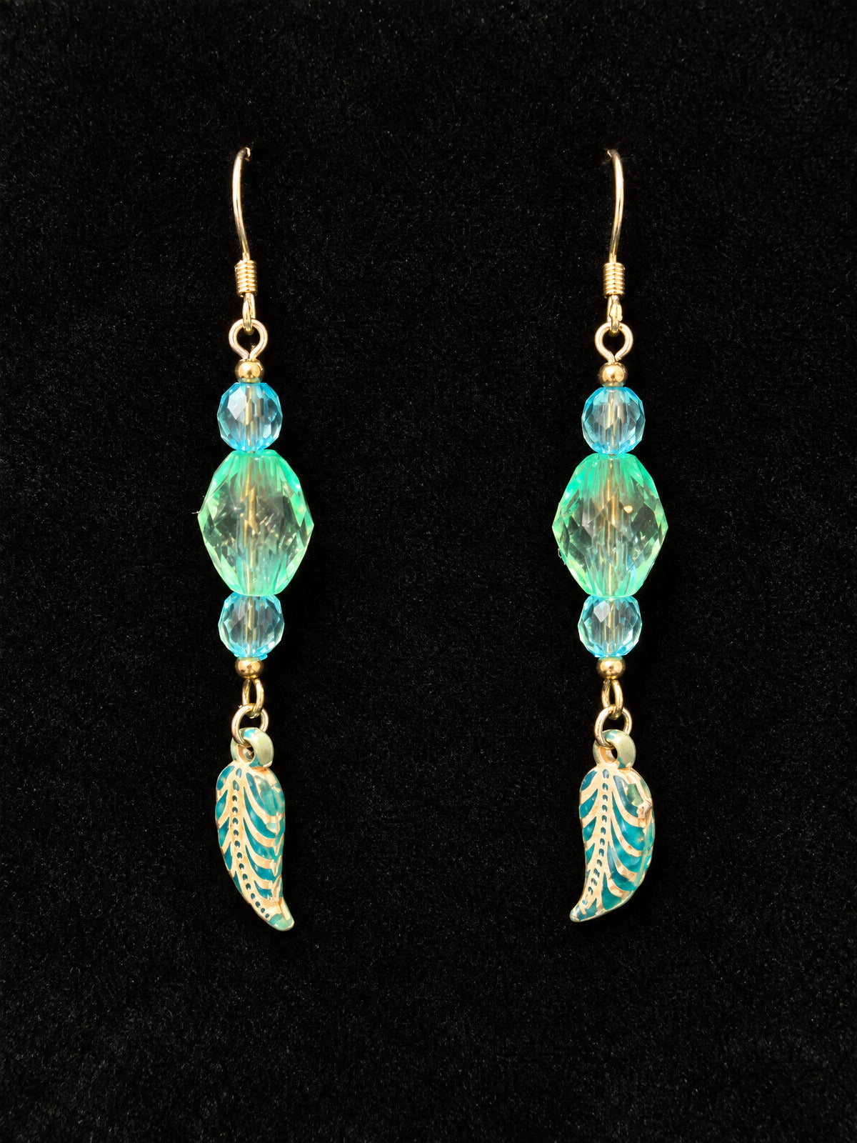 ⚜️ Dangle Earrings | Aqua Crystal Beads + Teal Leaf Charm | Silver-Tone 💗