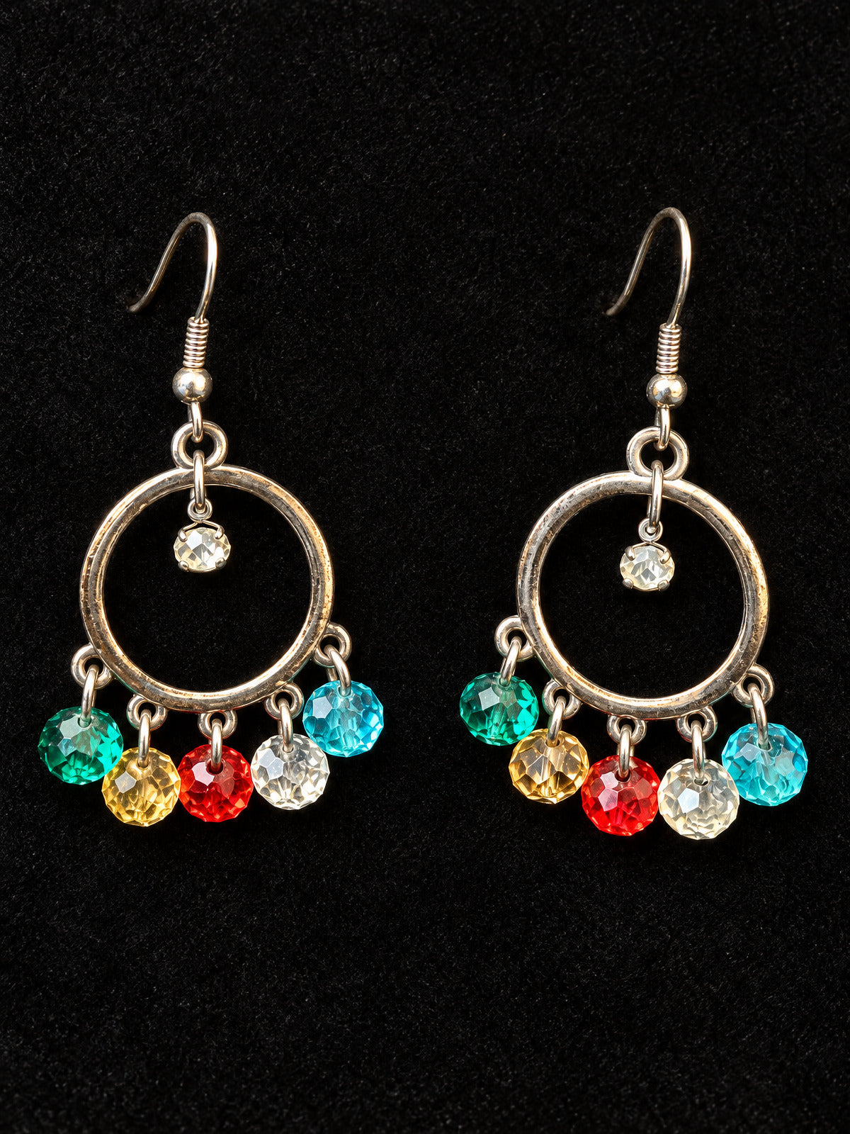 ⚜️ Hoop Drop Earrings | Multicolor Crystal Beads | Silver-Tone Dangle 💗