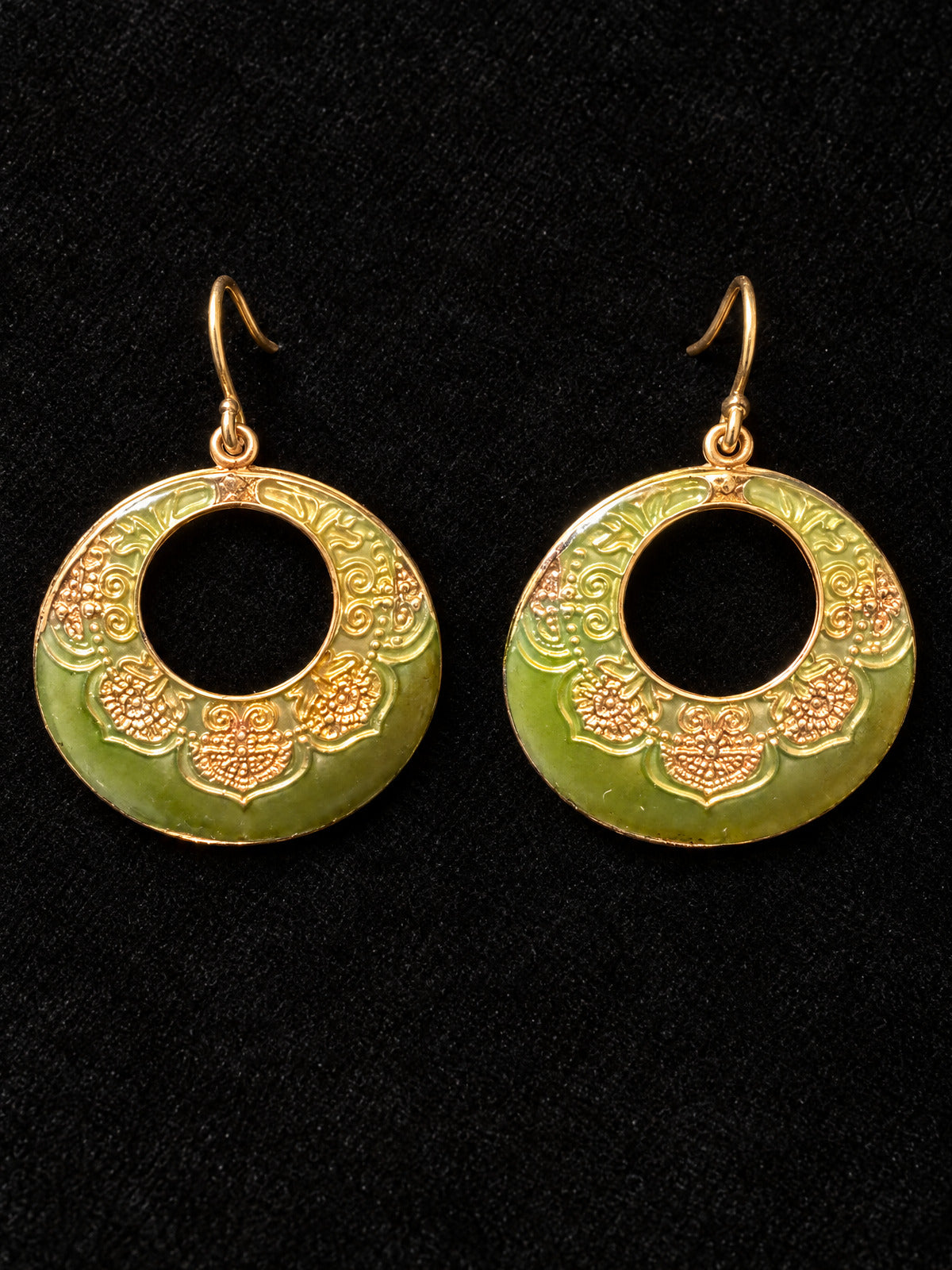 ⚜️ Open Hoop Drop Earrings | Green & Gold Filigree | Fish Hook 💗