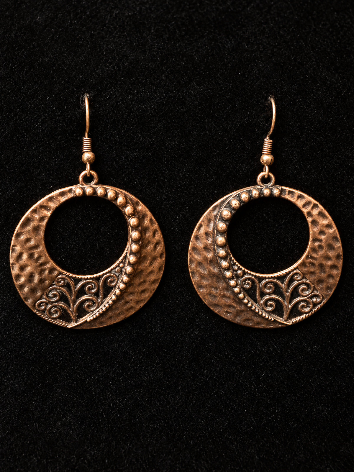 ⚜️ Hammered Copper-Tone Hoops | Scrollwork Dangle Earrings | Wire Hook 💗