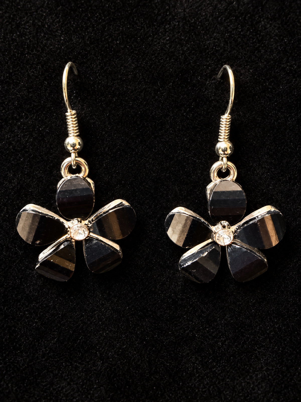 ⚜️ Black Enamel Flower Dangles | Rhinestone Center | Gold-Tone French Wire 💗