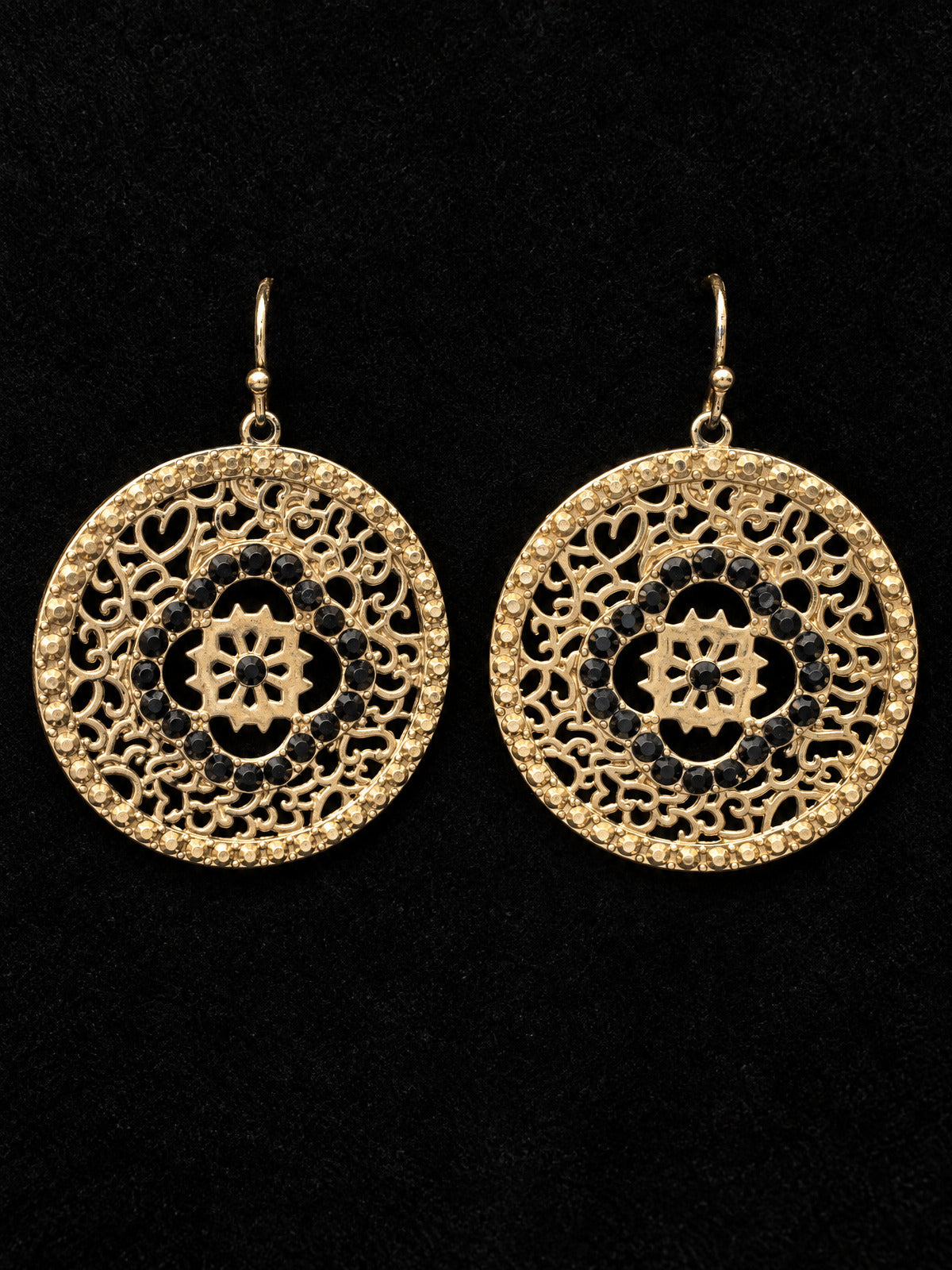 ⚜️ Filigree Disc Drop Earrings | Gold-Tone & Black Crystal | French Wire 💗