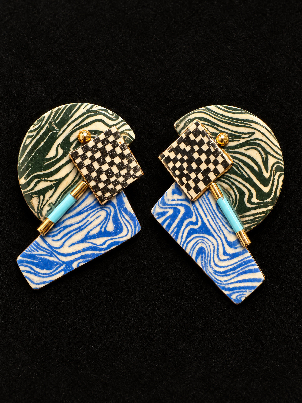 ⚜️ Artisan Statement Earrings | Mixed-Pattern Geometric | Green Blue Gold 💗