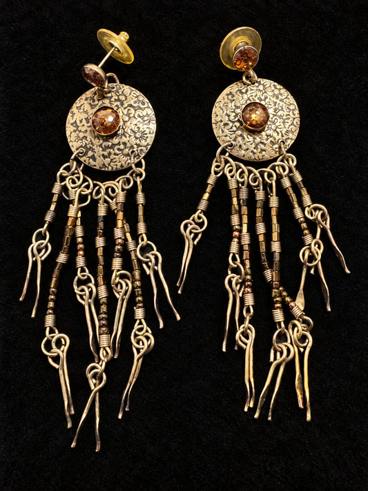 ⚜️ Chandelier Earrings | Floral Disc Fringe | Gold-Tone Amber Crystal 💗