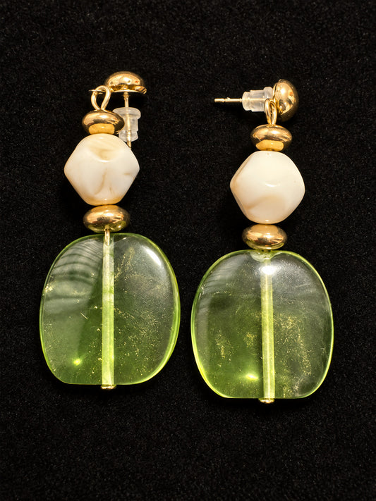 ⚜️ Drop Earrings | Green Lucite & White Bead | Gold-Tone Studs 💗