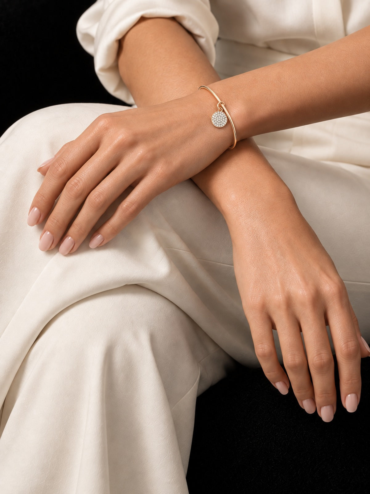 ⚜️ Rose Gold-Tone Bangle | Pavé Crystal Disc Charm | Clear 💗 — photo 2