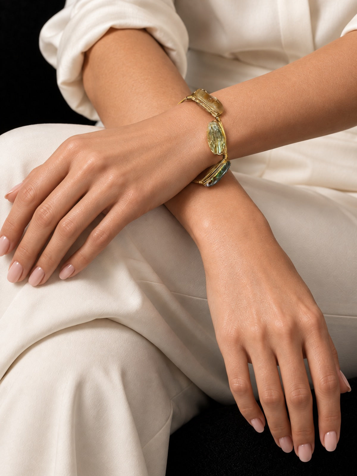 ⚜️ Wire-Wrap Bangle | Quartz · Agate · Abalone | Gold-Tone 💗 — photo 2