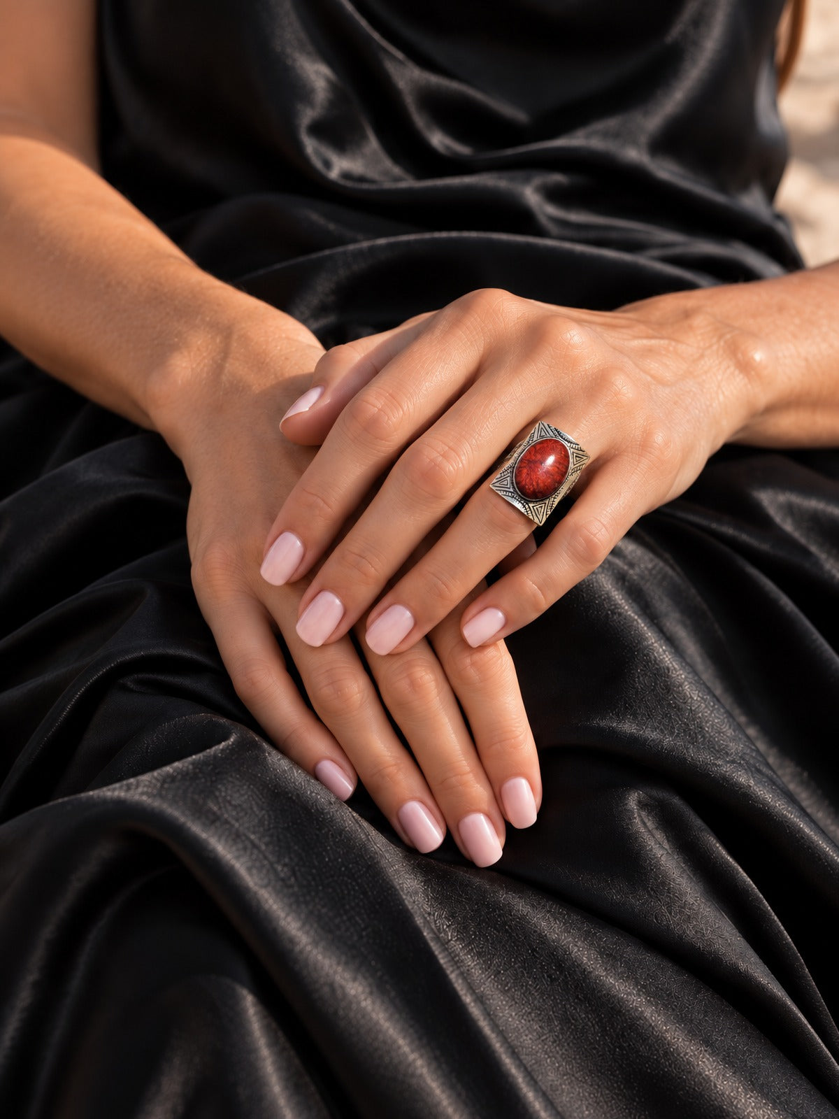 ⚜️ Stretch Statement Ring | Red-Orange Cabochon | Silver-Tone Geometric 💗 — photo 2