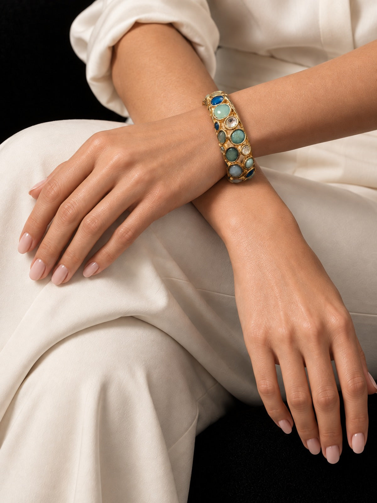 ⚜️ Statement Bangle | Mixed Stone Stretch Cuff | Blue Mint Teal Gold-Tone 💗 — photo 2