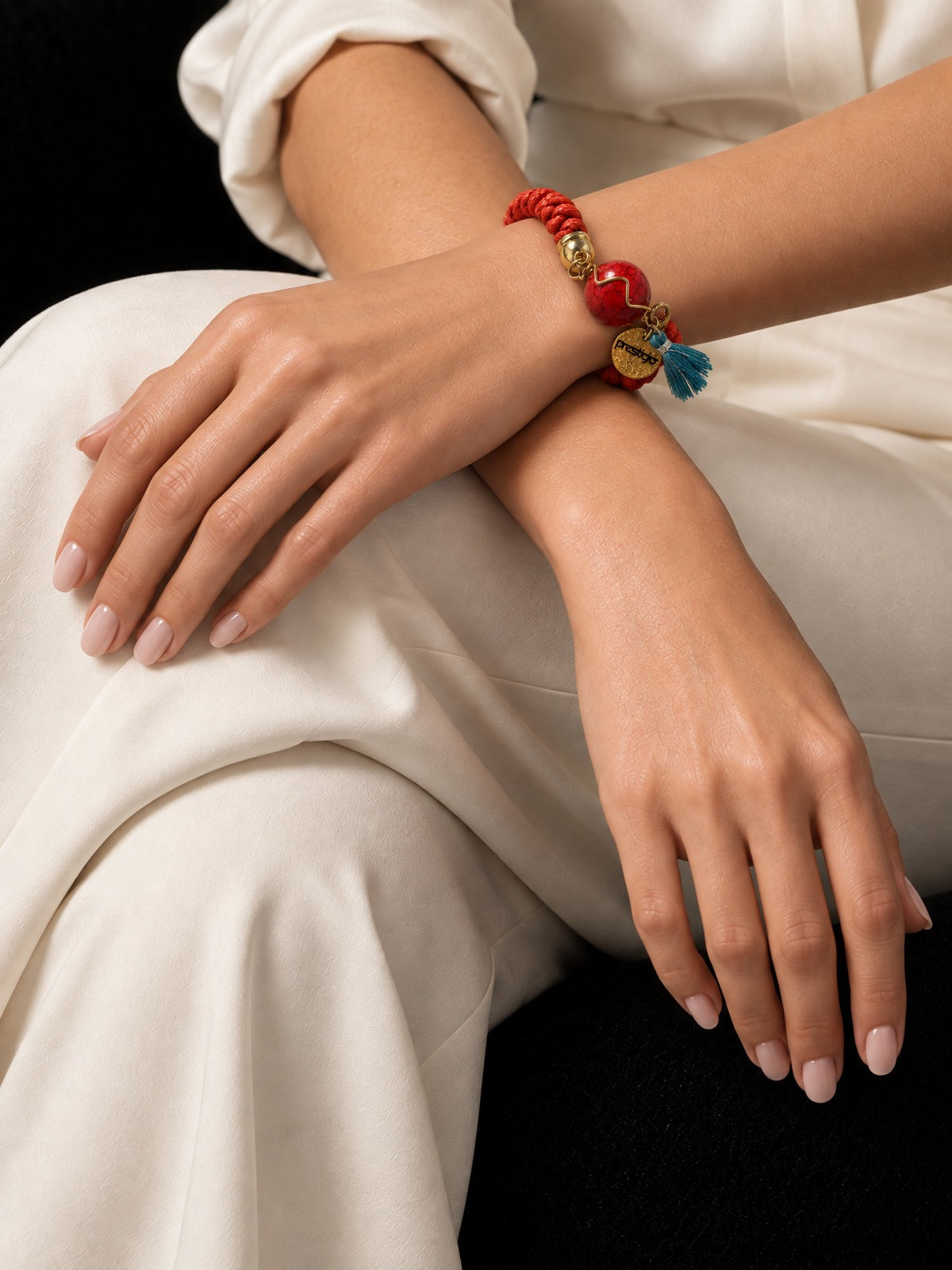 Prestigio Bracelet · Boho Red Braided Cord · Gold-Tone Ball Charm — photo 2